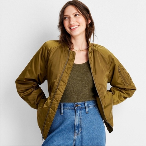a new day Jackets & Blazers - SHINY GOLD GREEN OVERSIZED BOMBER‎ JACKET Target A New Day Size Large EUC